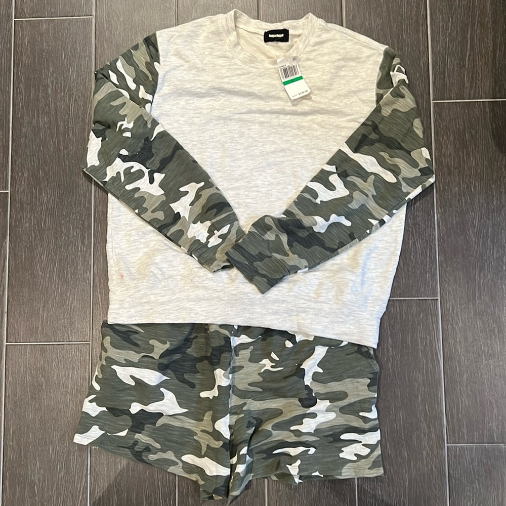 NWT Monrow Grey and Camo Set, Shorts and Long Sleeve Shirt